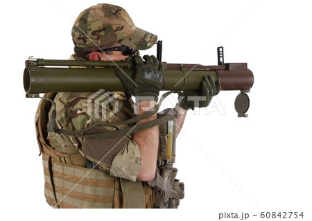 Soldier shoots from an RPG rocket launcher Soldier shoots from an RPG rocket launcher 60842754