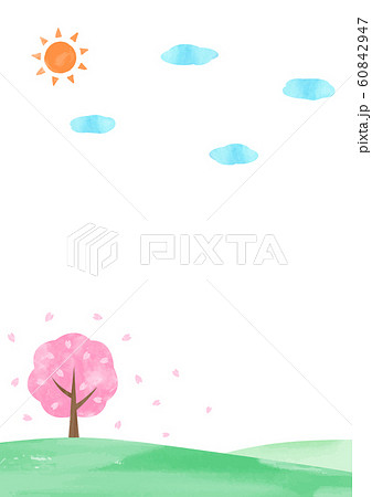 桜の木と雲とお日様 水彩イラスト 縦のイラスト素材
