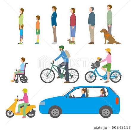 人、自転車、自動車を側面から見たイラスト 人、自転車、自動車を側面から見たイラスト 60845112
