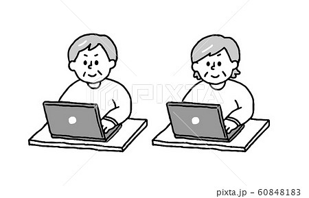パソコン操作するシニア男性女性セット シンプル のイラスト素材