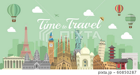 海外旅行 バカンス イメージバナー 世界の有名な建築物 遺跡 建物 世界遺産 のイラスト素材