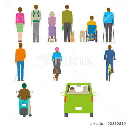 人 自転車 自動車を背後から見たイラストのイラスト素材