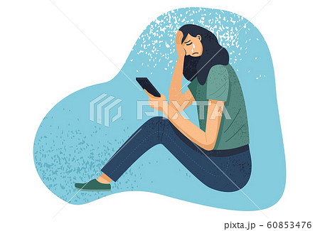 Depressed Young Woman Looking At Smart Phone のイラスト素材