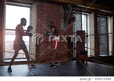 Two boxers practicing on boxing ring 60853488