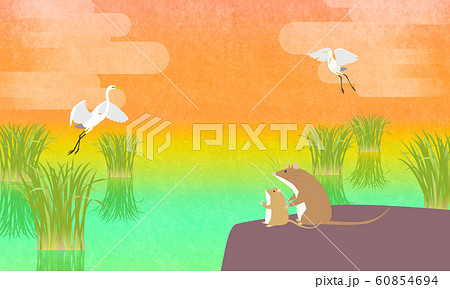 鷺とカヤネズミ 遊水地の風景イラスト 鷺とカヤネズミ 遊水地の風景イラスト 60854694