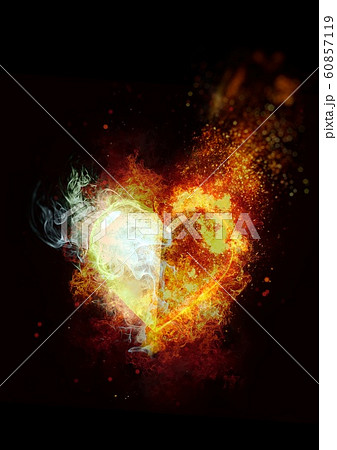 炎と煙が融合した抽象的なハートの形のクローズアップのイラスト素材