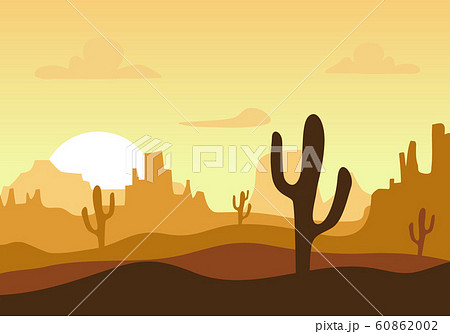 Desert sunset silhouette landscape. Arizona or Mexico western cartoon background with wild cactus 60862002
