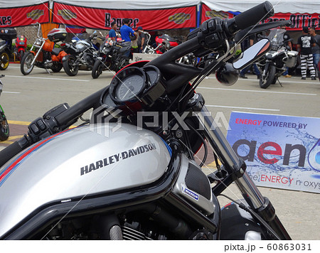 Design of Harley-Davidson motorcycle logos printed at the motorcycle. Some of the logos were costumes made by the owner.   60863031