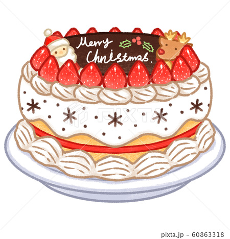 皿に乗ったイチゴと生クリームのクリスマスケーキ1ホール 線画あり のイラスト素材