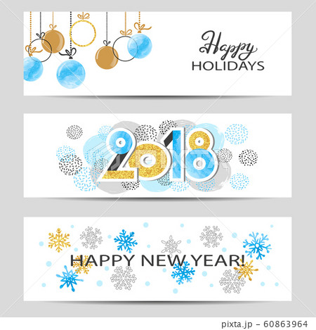 Happy New Year greeting banners set in blue, golden and black colors. Vector illustration. Happy New Year greeting banners set in blue, golden and black colors. Vector illustration. 60863964