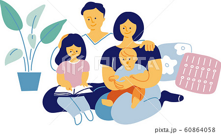 子供２人と両親の４人家族のポートレイト リビングにて シンプルでフラットなベクターイラスト のイラスト素材