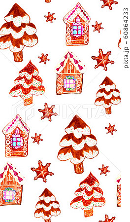 Gingerbread cookie village hand drawn pattern Gingerbread cookie village hand drawn pattern 60864233