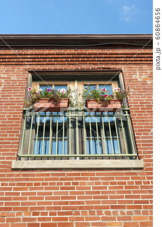 flower boxes in a window with a brick wall flower boxes in a window with a brick wall 60864656