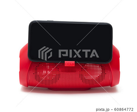 red mobile phone speaker and smarthone isolated on white 60864772
