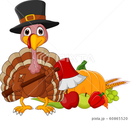 Cartoon turkey holding axe with harvest cornucopia collection Cartoon turkey holding axe with harvest cornucopia collection 60865520