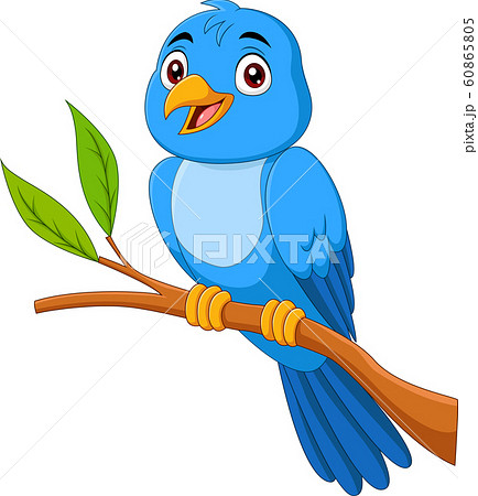 Cartoon blue bird sitting on tree branch 60865805