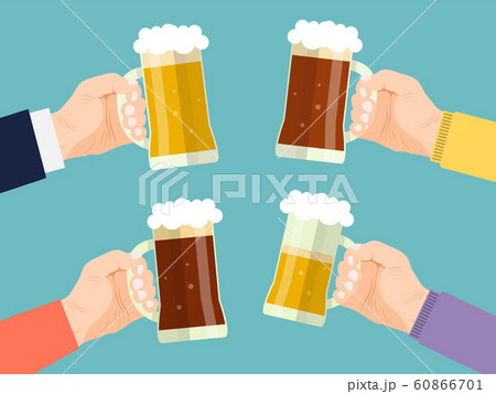 Friends cheers different beer glasses. Party drinking beer with toasting vector illustration. Alcohol parties in friendly pub. 60866701