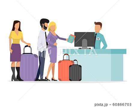 A large queue of different people at the airport. Airline queueing vector illustration. People with luggage in departure airlines A large queue of different people at the airport. Airline queueing vector illustration. People with luggage in departure airlines 60866703