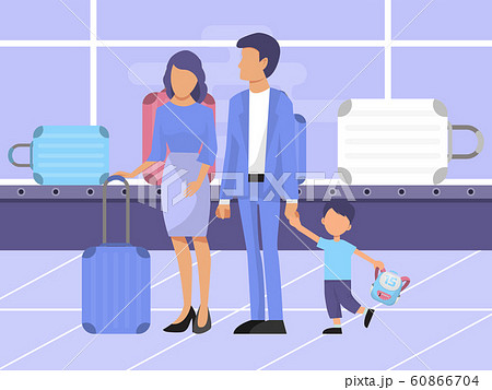 Family at baggage claim area vector illustration. Family with kid and luggage in the airport terminal. 60866704