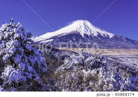 （山梨県）雪化粧した二十曲峠から望む、富士山 60868374