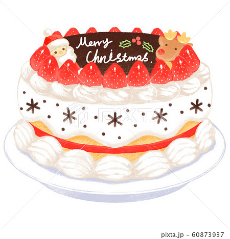 皿に乗ったイチゴと生クリームのクリスマスケーキ1ホールのイラスト素材