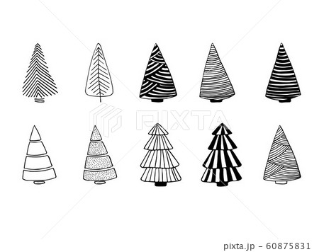 Christmas tree doodles. Fir tree line drawing collection isolated on white. Doodle sketch. 60875831
