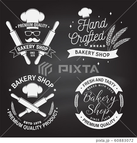 Set of Bakery shop badge on the chalkboard. Concept for badge, shirt, label, stamp. Design with rolling pin, chef hat, wheat ears silhouette. For restaurant identity, packaging menu 60883072