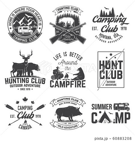 Set of hunting club and hiking club badge. Vector. Concept for shirt, logo, print, stamp. Vintage design with rv trailer, camping tent, boar, deer and forest silhouette 60883208