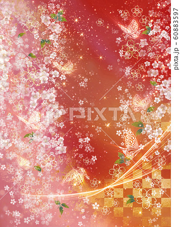 春の桜と蝶 和風 赤のイラスト素材