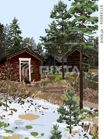 Scandinavian winter landscape with traditional wooden houses in the fields surrounded by coniferous trees Scandinavian winter landscape with traditional wooden houses in the fields surrounded by coniferous trees 60888116