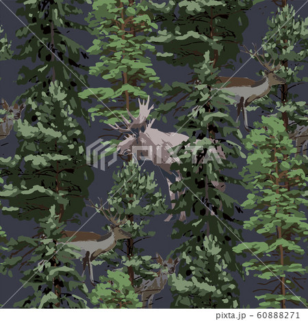 Wild moose and reindeers surrounded by coniferous trees 60888271