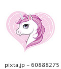 Cute little unicorn character over pink heart shape background. Vector. 60888275