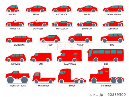 Car type icons set. Model automobile. Vector black illustration 60889500