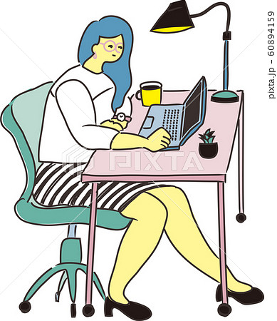 オフィスデスクでパソコン作業をする女性のベクターイラスト おしゃれでスタイリッシュなイメージ のイラスト素材