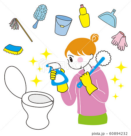 トイレ掃除をする女性と掃除グッズのイメージのイラスト素材