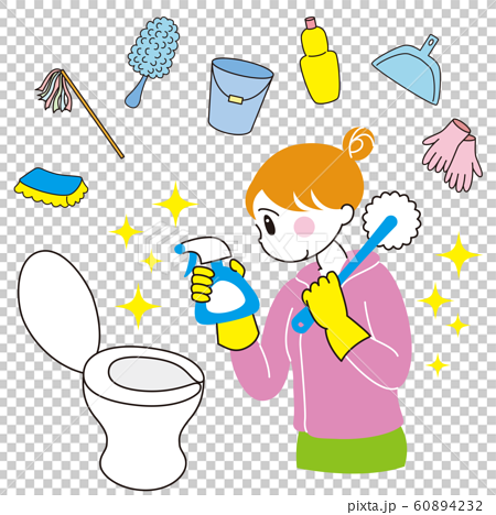 トイレ掃除をする女性 掃除グッズ イメージのイラスト素材