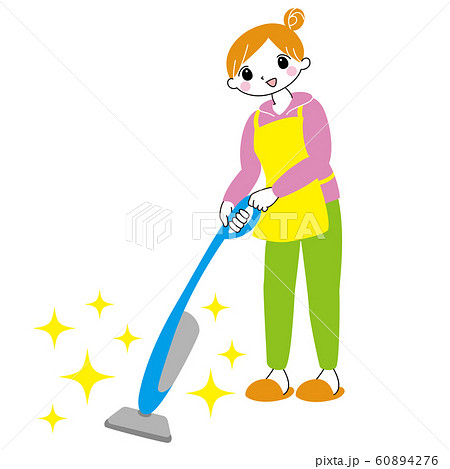 掃除機をかける女性 キャラクター カラフル シンプル おしゃれのイラスト素材