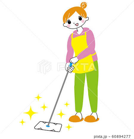 床掃除をする女性 キャラクター カラフル シンプル おしゃれのイラスト素材