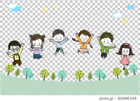 緑の散歩道　ジャンプするこどもたち　イラスト 60896384