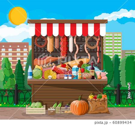 Traditional market wooden food stall full of food Traditional market wooden food stall full of food 60899434