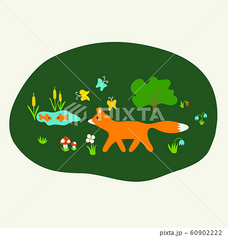 Fox and the lake with fishes on the green Fox and the lake with fishes on the green 60902222