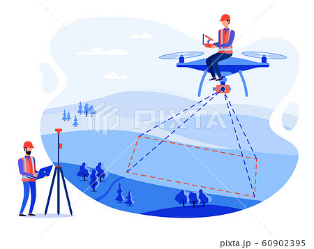 Concept surveyors and cartographers make geodetic measurements using a drone, copter. 60902395