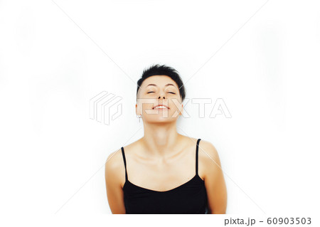 young pretty brunette girl with modern short haircut posing cheerful smiling isolated on white background, lifestyle people concept 60903503