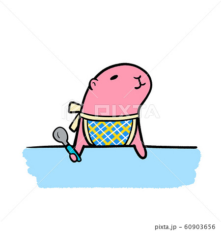 赤ちゃんのピンクマウスさんのお食事タイム（テーブル・スプーン・ごはん待ち） 60903656