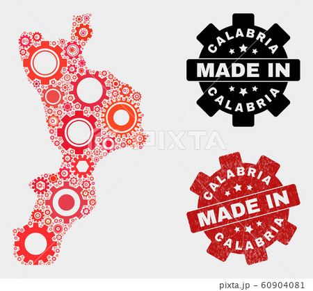 Mosaic Calabria Region Map of Cogwheel Elements and Grunge Seal 60904081