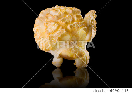 Single popped popcorn on a black backgroundwith clipping path 60904113