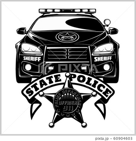 Police Vector Badge - Design elements, Police car. Monochrome style. Vector illustration Isolated on White Police Vector Badge - Design elements, Police car. Monochrome style. Vector illustration Isolated on White 60904603