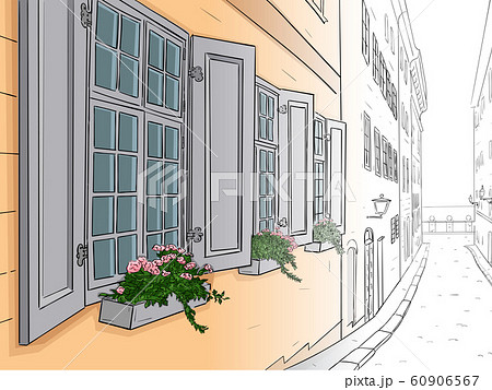 Narrow city street with flowers in window boxes. Hand drawn sketch. From black and white outline to colored image 60906567
