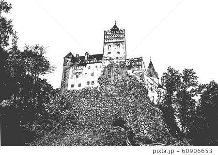 Bran castle in Romania. View up the hill. Vintage hand drawn sketch 60906653