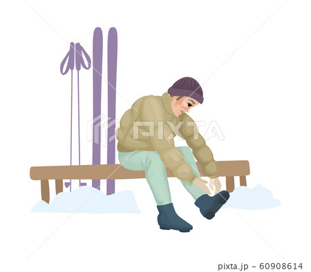 Ski rental. Man putting on ski boots. Vector illustration 60908614